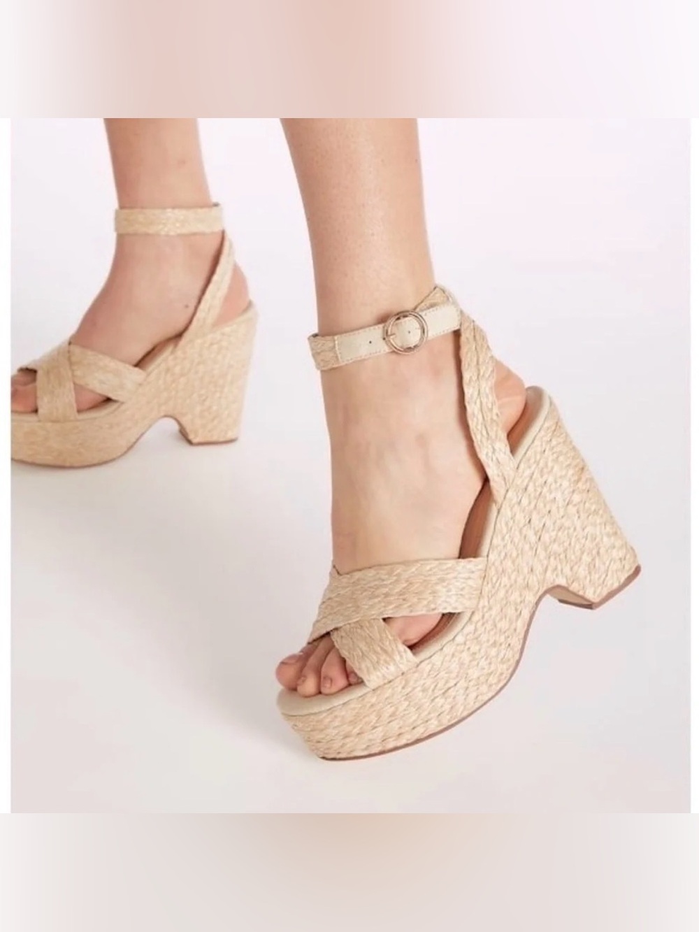 JustFab Mia Beige Braided Raffia Platform Sandals with Ankle Strap